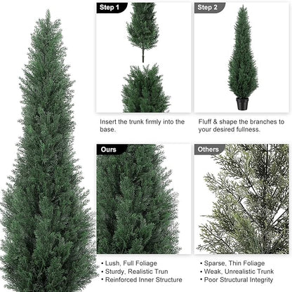 5FT Artificial Cedar Trees - Realistic Faux Evergreen Topiary Bushes Plants - Outdoor Potted Fake Cypress Shrubs for Front Porch Garden Home Decor - Set of 2