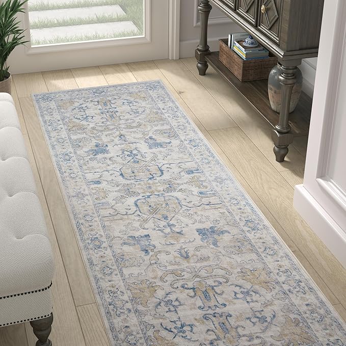 jinchan Runner Rug 2x5 Machine Washable Hallway - Vintage Floral Non-Slip Low-Pile Soft Ultra-Thin Kitchen Rug Distressed Carpet Runner for Farmhouse Bedroom Entryway Laundry Room(2x5ft,Blue)