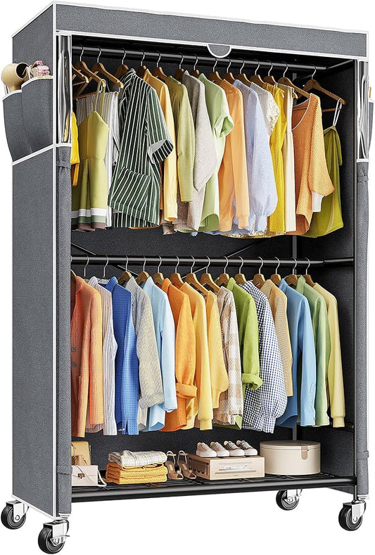 Raybee 80.32" H Clothes Rack with Cover,Rolling Clothing Racks for Hanging Clothes with Wheels,Heavy Duty Portable Garment Rack 35.4" Wx15.75 Dx80.32 H,Black