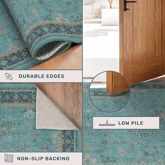 Boho 2x10 Extra Long Runner Rugs for Hallways - Machine Washable for Entryway Indoor, Stain Resistant Runner Rug for Kitchen - Non Slip with Rubber Backing, Teal Low Pile & Soft Carpet