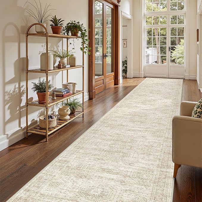 3x18 Washable Runner Rug for Hallway, Non-Slip Long Hallway Runner for Entryway, Soft Vintage Kitchen Mats for Floor, Abstract Dining Room, Bedroom, Living Room Rugs(3'x18', Beige/Ivory)
