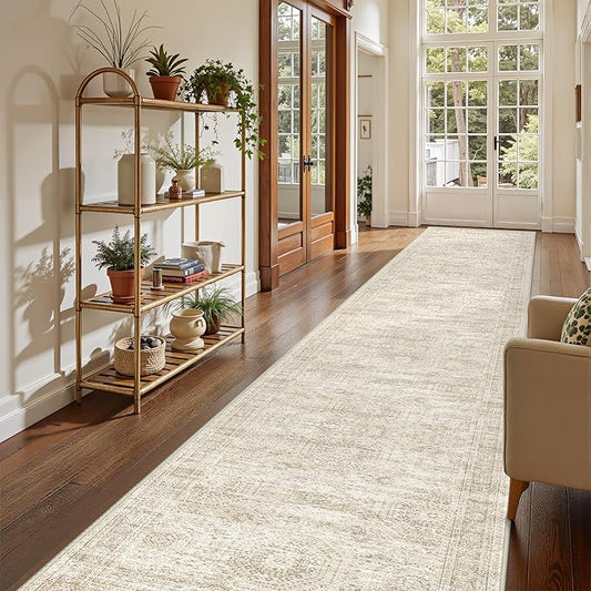 3x18 Washable Runner Rug for Hallway, Non-Slip Long Hallway Runner for Entryway, Soft Vintage Kitchen Mats for Floor, Abstract Dining Room, Bedroom, Living Room Rugs(3'x18', Beige/Ivory)