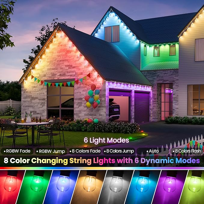 50FT RGB Solar Outdoor String Lights with Remote, Dimmable Waterproof Patio Lights with 15 LED Bulbs for Deck Balcony Cafe Party-White Cord