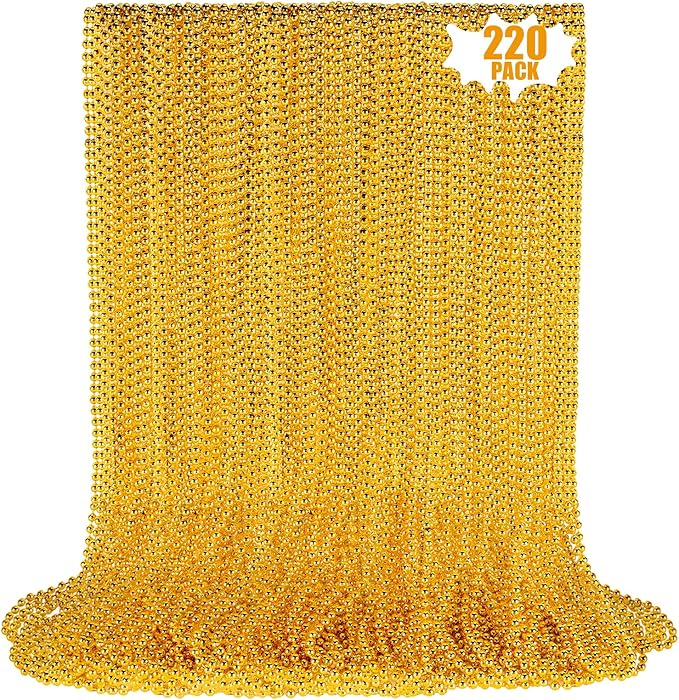 220 PCS Gold Bead Necklace, 33 Inch Mardi Gras Christmas Beads, Bulk Metallic Party Beads for Mardi Gras Parade, St Patricks Day, Wedding, Birthday, Pirate Party, Carnival Party Favors