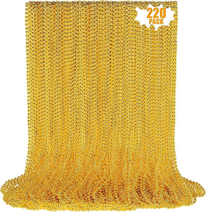 220 PCS Gold Bead Necklace, 33 Inch Mardi Gras Christmas Beads, Bulk Metallic Party Beads for Mardi Gras Parade, St Patricks Day, Wedding, Birthday, Pirate Party, Carnival Party Favors