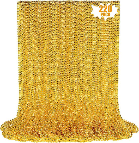 220 PCS Gold Bead Necklace, 33 Inch Mardi Gras Christmas Beads, Bulk Metallic Party Beads for Mardi Gras Parade, St Patricks Day, Wedding, Birthday, Pirate Party, Carnival Party Favors
