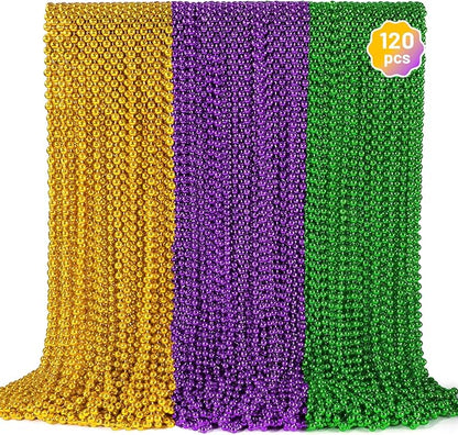 120 PCS Mardi Gras Beads Necklaces, Gold Green Purple Metallic Bead Necklaces 33” Mardi Gras Beads Necklaces Accessories Bulk Party Beads Necklaces for Mardi Gras Party, Throw Beads Party Favors