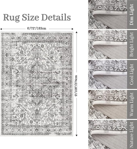 zesthome 6x9 Area Rug, Super Soft Washable Rugs for Living Room, Non-Slip Stain Resistant Vintage Rugs, Ultra-Thin Large Area Rugs (Grey/White,6'x9')