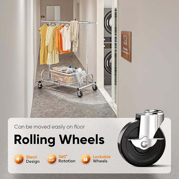 HOKEEPER Clothes Rack Clothing Racks for Hanging Clothes, Portable Clothes Rack with Lockable Wheels, Commercial Heavy Duty Garment Rack for Bedroom, Living Room, Laundry, Balcony