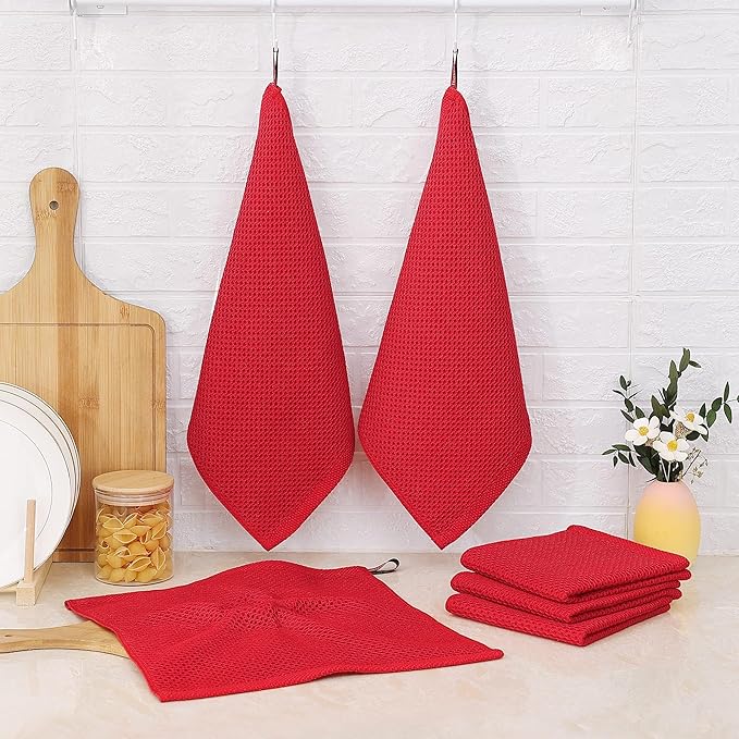 Kitinjoy 100% Cotton Kitchen Dish Cloths, 8 Pack Waffle Weave Ultra Soft Absorbent Dish Towels for Drying Dishes Quick Drying Kitchen Towels Dish Rags, 12 X 12 Inches, Red