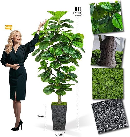 Artificial Fiddle Leaf Fig Tree 6ft, 6 Feet Large Tall Fake Plants Indoor with Modern Style Planter, Artificial Silk Tree for Home Office Living Room Decor Indoor, More Lifelike & Lush (Black)