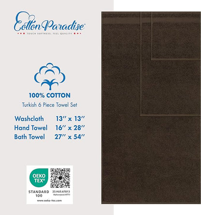Cotton Paradise 6 Piece Towel Set, 100% Cotton Soft Absorbent Turkish Towels for Bathroom, 2 Bath Towels 2 Hand Towels 2 Washcloths, Brown Towel Set