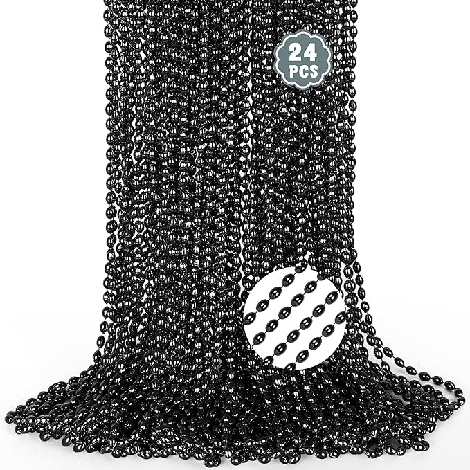 Black Mardi Gras Beads, 24PCS Black Bead Necklaces Bulk, 32" Oval Costume Halloween Beaded Necklaces, Festival Parade Throw for Halloween Wedding Party Events Stuff Accessories Supplies Decorations