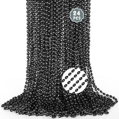 Black Mardi Gras Beads, 24PCS Black Bead Necklaces Bulk, 32" Oval Costume Halloween Beaded Necklaces, Festival Parade Throw for Halloween Wedding Party Events Stuff Accessories Supplies Decorations