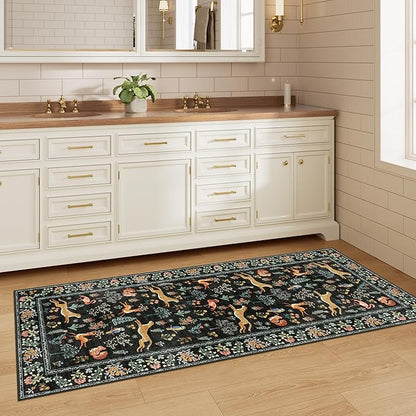 DUKINO 2x5 Rug for Hallway, Washable Kitchen Runner Rug with Non Slip Backing, Soft Low Pile Vintage Animal Runner for Bedroom, Kitchen, Hallway, Entryway, Laundry, Black