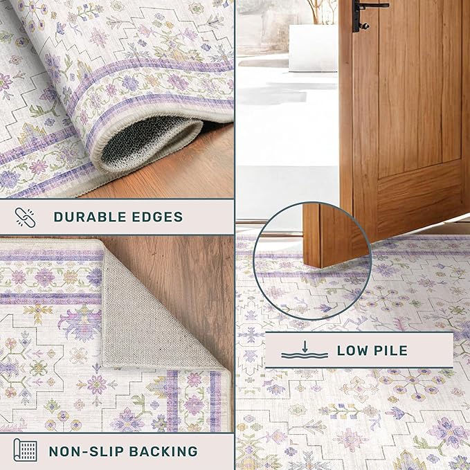 Purple Rugs for Girls Bedroom, Non Slip Machine Washable 4x6 Floral Area Rug for Nursery Kids Room, Living Room, Low Pile Lavender Girly Dorm Pastel Décor
