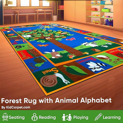 Forest Rug with Animal Alphabet, 7'6" x 12" Rectangle Educational Classroom Rug, Kids Learning Play Mat | Area Rug for Bedroom or Playroom
