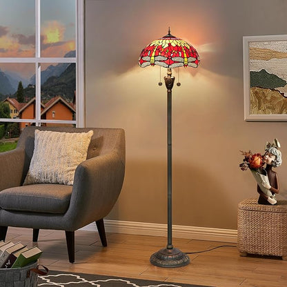 Tiffany Floor Lamp Dragonfly Red Stained Glass Floor Light Bright Lighting Rustic Standing Lamp Vintage Unique Bronze Reading Corner Lamp for Home Decor Living Room Bedroom 16X16X64 Inches
