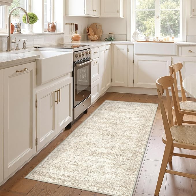 3x6 Runner Rug Non Slip, Thin Entryway Washable Rug for Entryway, Runners for Hallways, Low Pile Vintage Abstract Soft Rugs for Living Room, Kitchen, Bedroom(3'x6', Beige/Ivory)