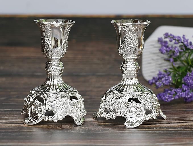 Silver Taper Candle Holders with Deluxe Engraved Design, Set of 2 Premium Metal Silver Candlestick Holders (Silver)