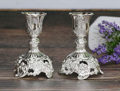 Silver Taper Candle Holders with Deluxe Engraved Design, Set of 2 Premium Metal Silver Candlestick Holders (Silver)