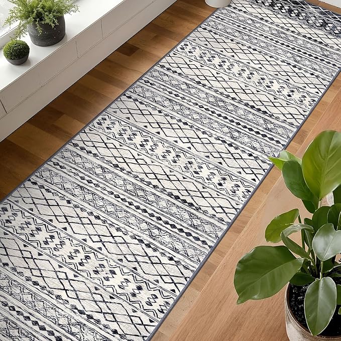 KUTA Boho Runner Rug for Hallway 2.6x16 Moroccan Washable Black Navy Blue Rugs Non-Slip Vintage Long Kitchen Runners Soft Geometric Floor Carpet for Bedroom Laundry Living Room