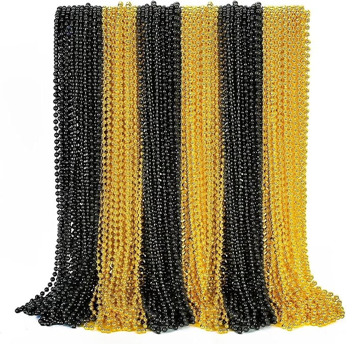 72PCS New Years Eve Bead Necklaces, Metallic Gold Black New Year Bead Party Favors, New Year Eve 33" Necklaces Costume, Parade Throw Accessories for New Year Wedding Birthday Celebrations Decorations