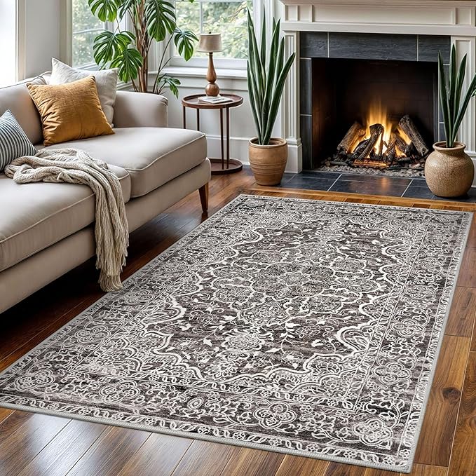 KUTA Vintage Area Rug 4x6 Living Room, Washable Rugs Distressed Tribal Tan Grey, Non-Slip Dining Room Carpet, Soft Low Pile Printed Cozy Small Area Throw for Bedroom, Nursery