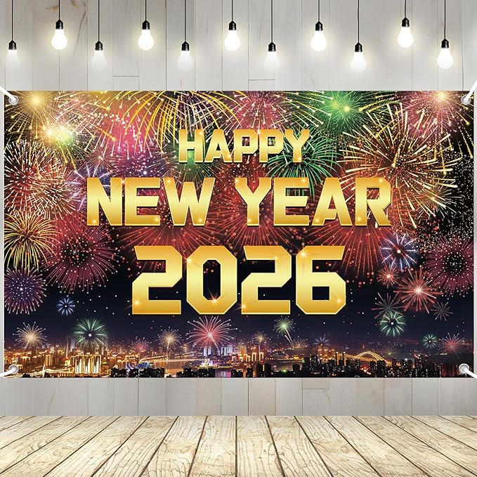 YQUQWN Happy New Year 2026 Banner New Years Eve Party Supplies Decorations 72 x 44 Inches with Pattern Firework for New Year Party Decoration Photo Props Background Supplies