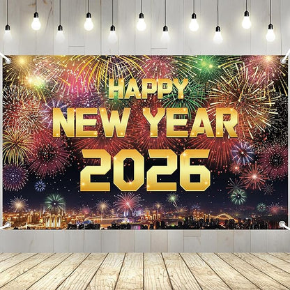 YQUQWN Happy New Year 2026 Banner New Years Eve Party Supplies Decorations 72 x 44 Inches with Pattern Firework for New Year Party Decoration Photo Props Background Supplies
