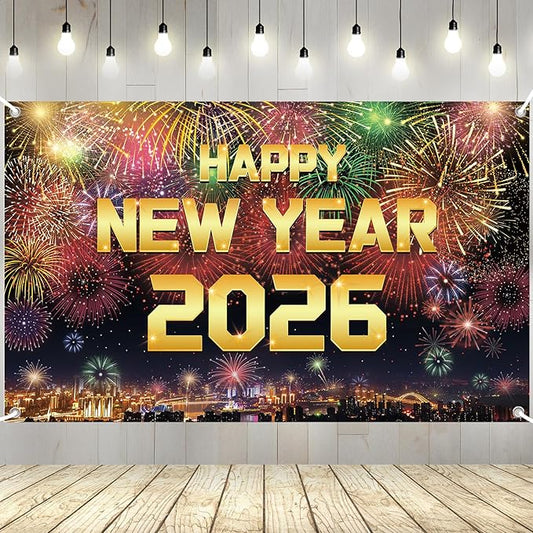 YQUQWN Happy New Year 2026 Banner New Years Eve Party Supplies Decorations 72 x 44 Inches with Pattern Firework for New Year Party Decoration Photo Props Background Supplies