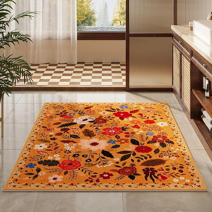 Rugcomf Area Rug 4x6 Rug Washable Boho Rugs Non Slip Low Pile Floral Small Carpet for Bedroom, Bedside, Kids Room, Office, Dining Room(Yellow)