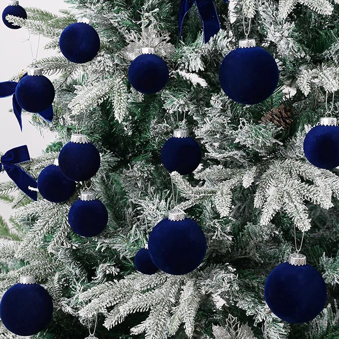 Velvet Christmas Ball Ornaments Set-46pcs Flocked Shatterproof Christmas Tree Decorations Plastic Xmas Decorative Hanging Ornaments for Xmas Holiday Home Decor,3 Sizes(Navy Blue)
