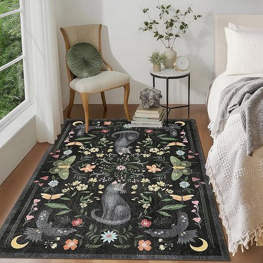 GarveeHome 4x6 Cat Washable Area Rug for Nursery Room, Mushroom Floral Black Bedroom Rug Non Slip Low Pile Butterfly Carpet Stain Resistant Throw Rug for Dorm Kids Room Office Dining Room