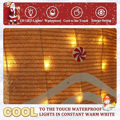 5FT Gingerbread Man with Candy Cane and Gift Box Decoration, 2.5D Pre-Lit Gingerbread Man Decor with 120 LED Lights for Christmas, Freestanding Glittered Holiday Display for Outdoor, Indoor