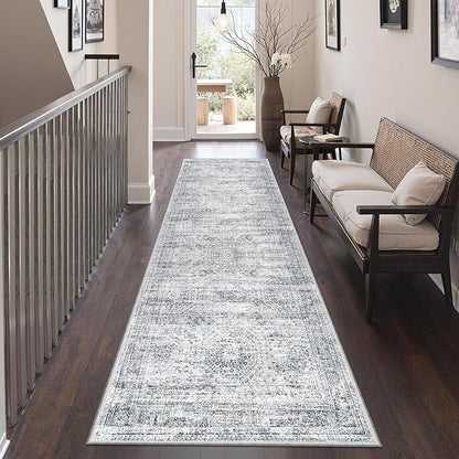 2x7 Runner Rug Non Slip, Thin Entryway Washable Rug for Entryway, Runners for Hallways, Low Pile Vintage Abstract Soft Rugs for Living Room, Kitchen, Bedroom(2'x7', Grey/Ivory)
