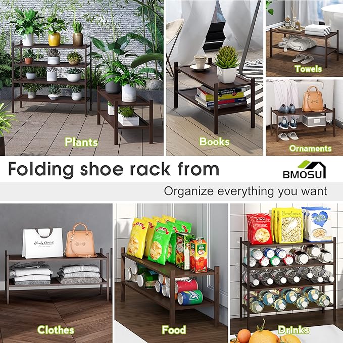 BMOSU 2-Tier Bamboo Shoe Rack Premium Stackable Shoe Shelf Storage Organizer for Hallway Closet Living Room Entryway Organizer(Brown)