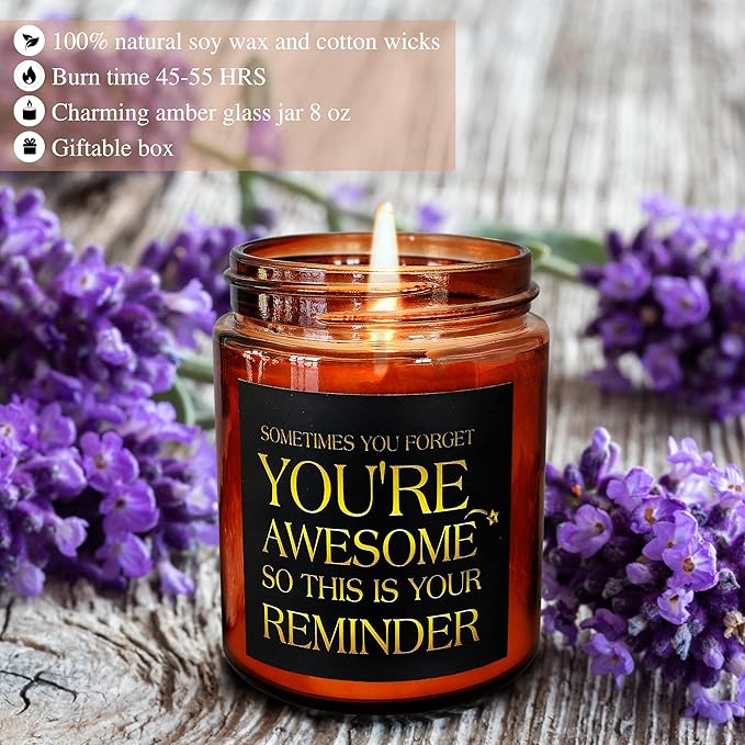 Gifts for Women, Men - Inspirational Relaxing Candle - Thank You, Friendship, Birthday Gift for Her, Sister, BFF, Best Friend, Coworker - You're Awesome Natural Soy Wax Candle for Home