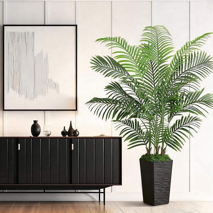 Artificial Palm Tree Artificial Silk Plant Fake Tree with White Tall Planter Faux Tropical Areca Floor Plant in Pot (1, Black Tall Planter, 5 FT)