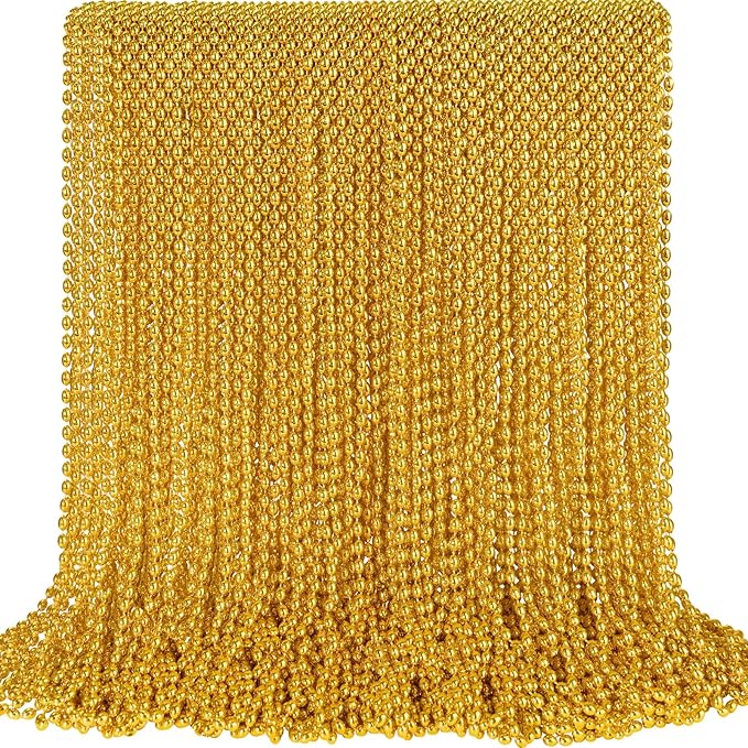 100 PCS Gold Bead Necklace, Gold Mardi Gras Christmas Oval Beads Necklaces 30.5" Metallic Beaded Costume Necklaces Party Necklaces for Mardi Gras Christmas Parade Throws Pirate Party Favors