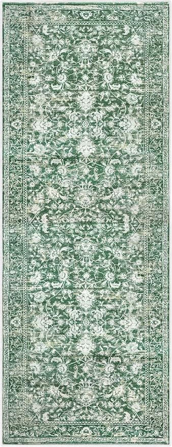 KILOCOCO Hallway Runner 2x8 Rug Runner Printed Vintage Floral Washable Kitchen Runners Non-Slip Rubber Backed Runners for Hallways Laundry Room Distressed Boho Rugs for Entryway Bedroom, Green