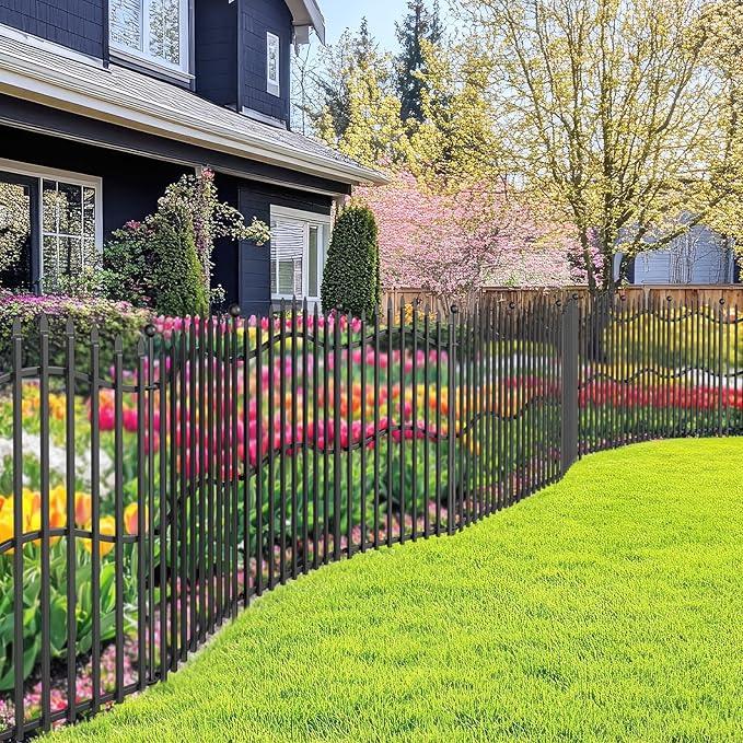 8 Panels Tall No Dig Garden Fence - 40in H x 18ft L, Reinforced Square Tube Rustproof Animal Barrier, Decorative Metal Fencing for Yard & Outdoor Dog Pet Play Areas