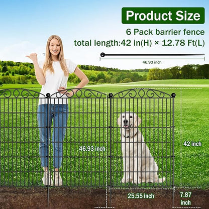 Decorative Garden Fence 6 Panel with Gate - 42in H x 12.78ft L, No Dig Rustproof Metal Tall Animal Barrier for Dogs Rabbits, Outdoor Border for Yard, Patio, and Flower Beds