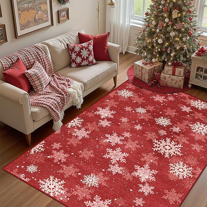 3x5 Christmas Area Rug for Entryway, Soft Kitchen Rugs Non Slip for Dining Room, Washable Snowflake Doormat, Red and White Christmas Porch Decor Indoor(3'x5', Red/White)