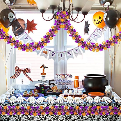 33FT Halloween Tinsel Garland with Orange Pumpkin Purple Bat Ornament, Shiny Metallic Twist Garland Outdoor Indoor Halloween Decorations for Home Table Office Classroom Fireplace Party Decor