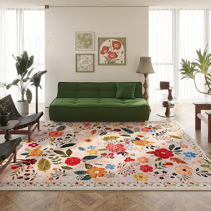 Rugcomf Living Room Rug 6x9 Rug Machine Washable Boho Area Rug Non Slip Floral Vintage Low Pile Large Rug for Living Room, Bedroom, Farmhouse, Dining Room, Kids Playroom(Beige)