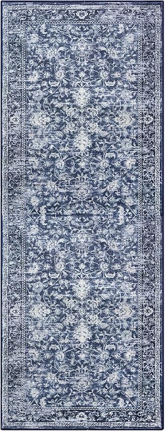 KILOCOCO Hallway Runner 2x5 Printed Vintage Floral Washable Kitchen Runner Rug Non-Slip Runners for Hallways Distressed Boho Runners for Bedroom Laundry Room, Navy Blue
