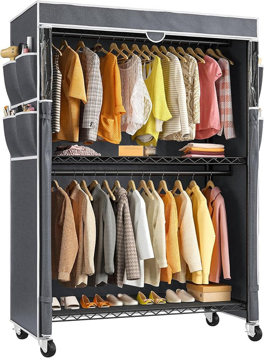 Raybee Clothes Rack with Cover, 81" H Clothing Racks for Hanging Clothes, Portable Closet with Wheels and Adjustable Feets for Bedroom, Laundry Room, Max Load 440LBS, Black