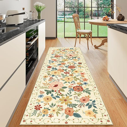 DUKINO Runner Rug, 2x10 Kitchen Hallway Carpet, Washable with Non-Slip Backing, Low Pile Soft Boho Floral for Entryway, Laundry, Bedroom, Beige Yellow