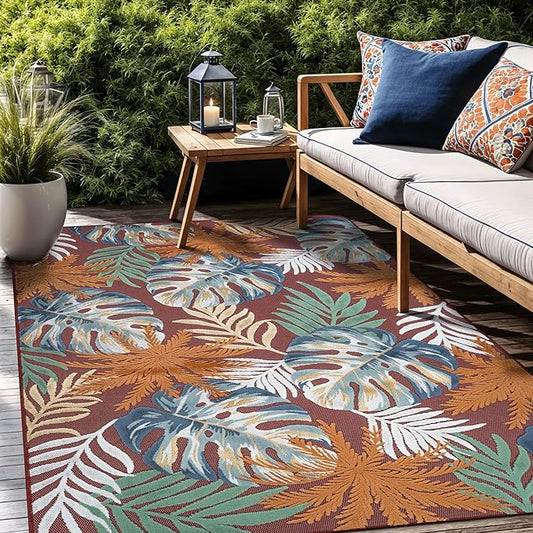 Floral Indoor Outdoor Rugs 8x10 Large Area Rug for Living Room, Patio Decor, Kitchen, and Entryway Rug, Washable Stain Resistant Outside Carpet Red 8 x 10